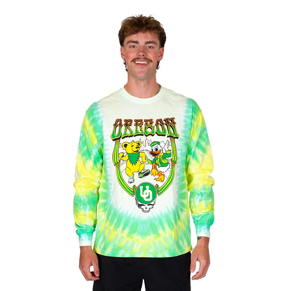 Autzen Stadium, Green, Long Sleeve, Cotton, Men, Unisex, Football, Class Trip, Grateful Dead, Yellow Bear, Oregon mascot, T-Shirt, 996551